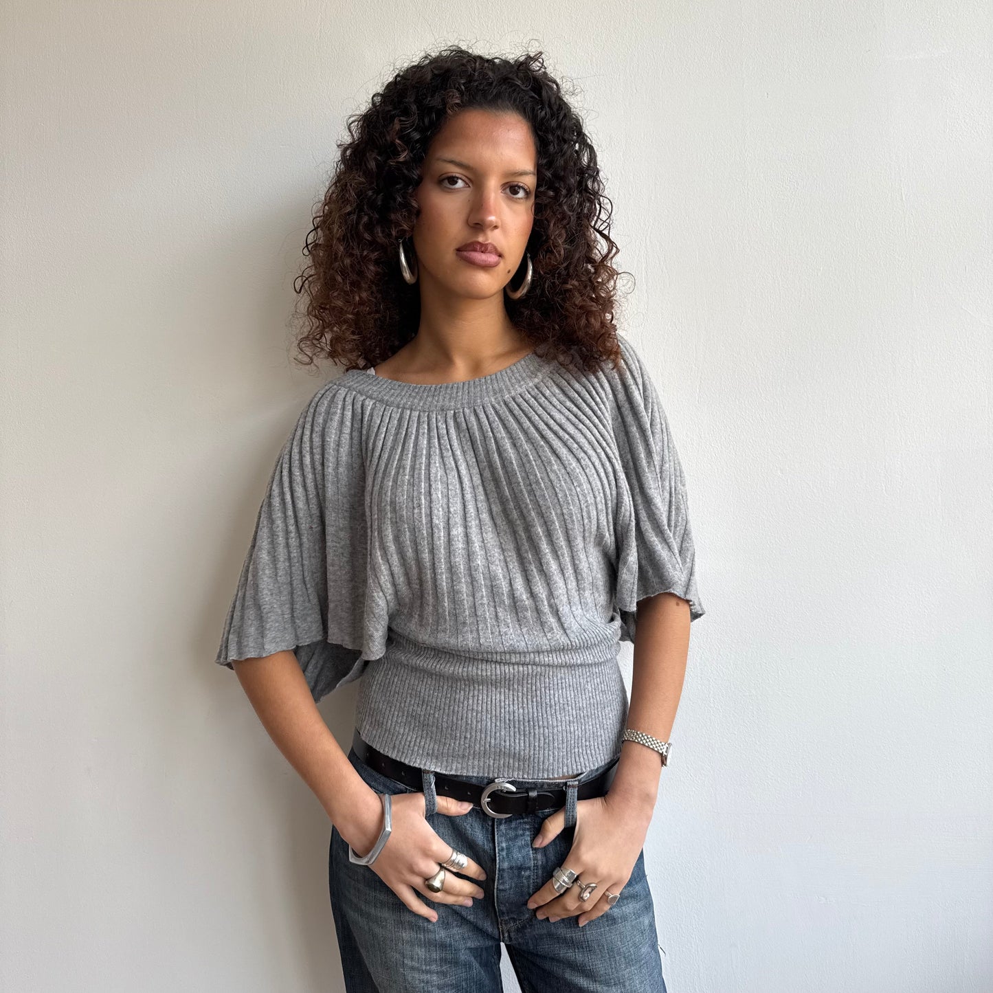 Light grey ribbed batwing knit - Size M
