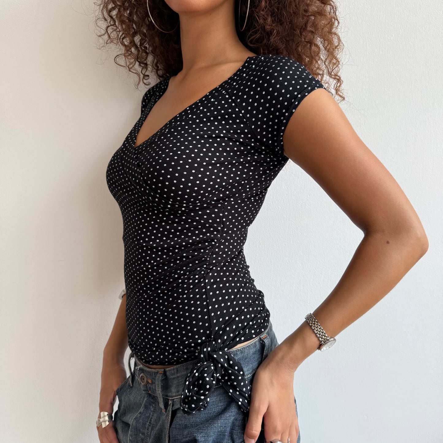 Micro polka dot tie side wrap top - Size M (1)