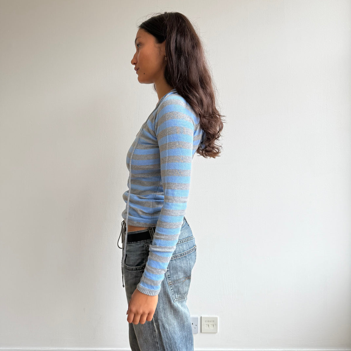 Grey + blue striped knit hoodie - Size S