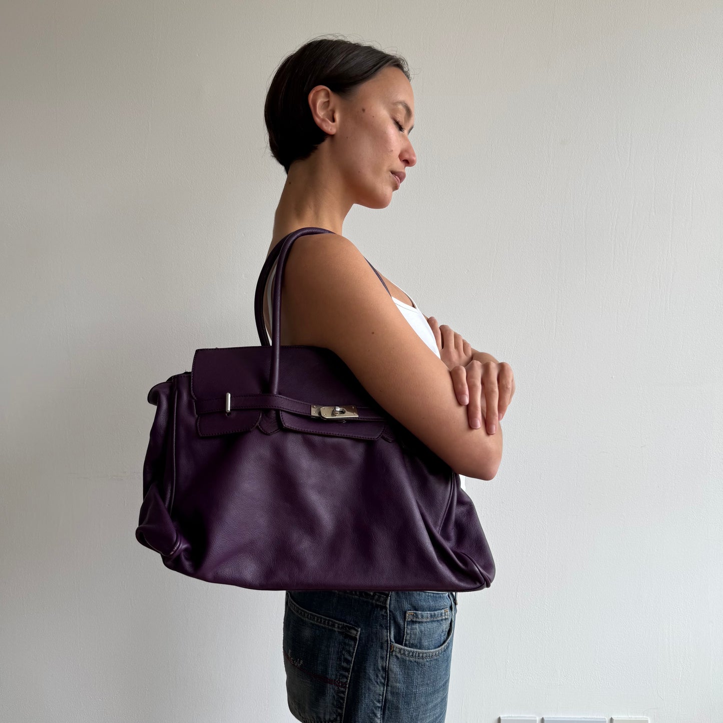 Purple leather ‘firkin’ bag - One Size