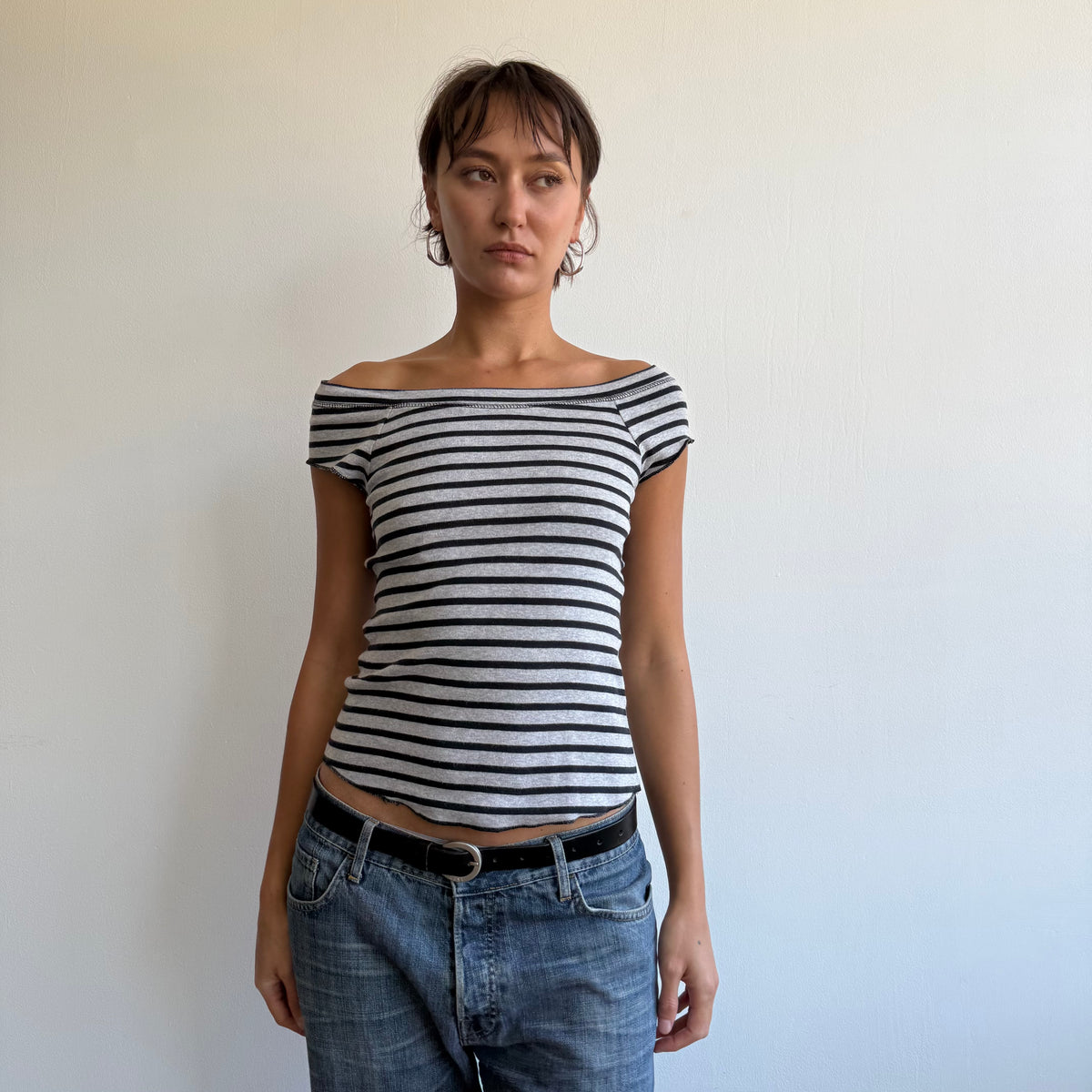 Navy + grey striped top - Size S-M