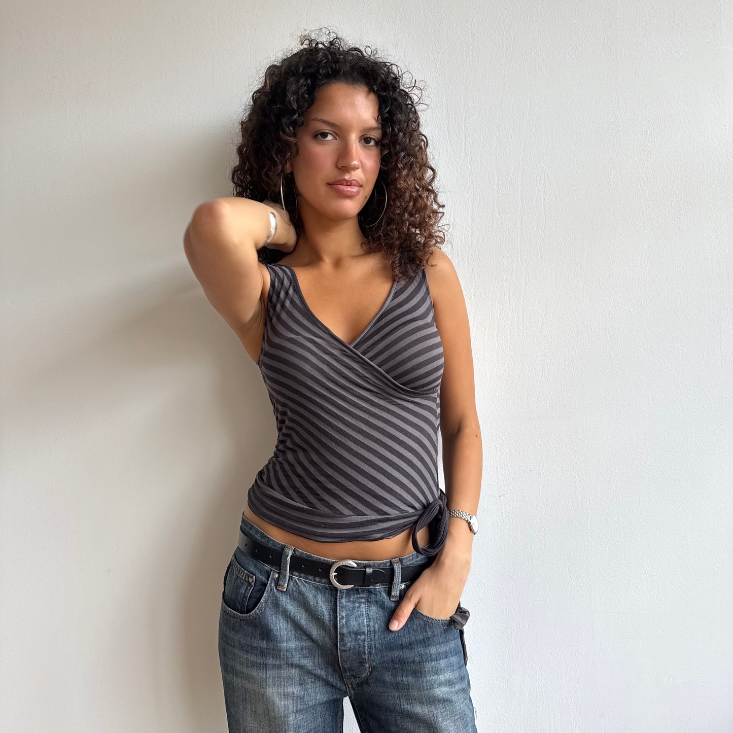 Black + grey stripe wrap top - Size S