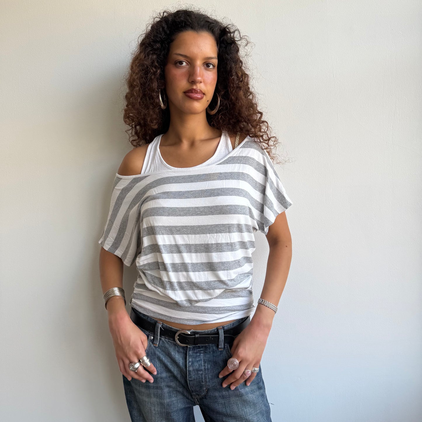 Grey + white striped 2in1 top - Size M