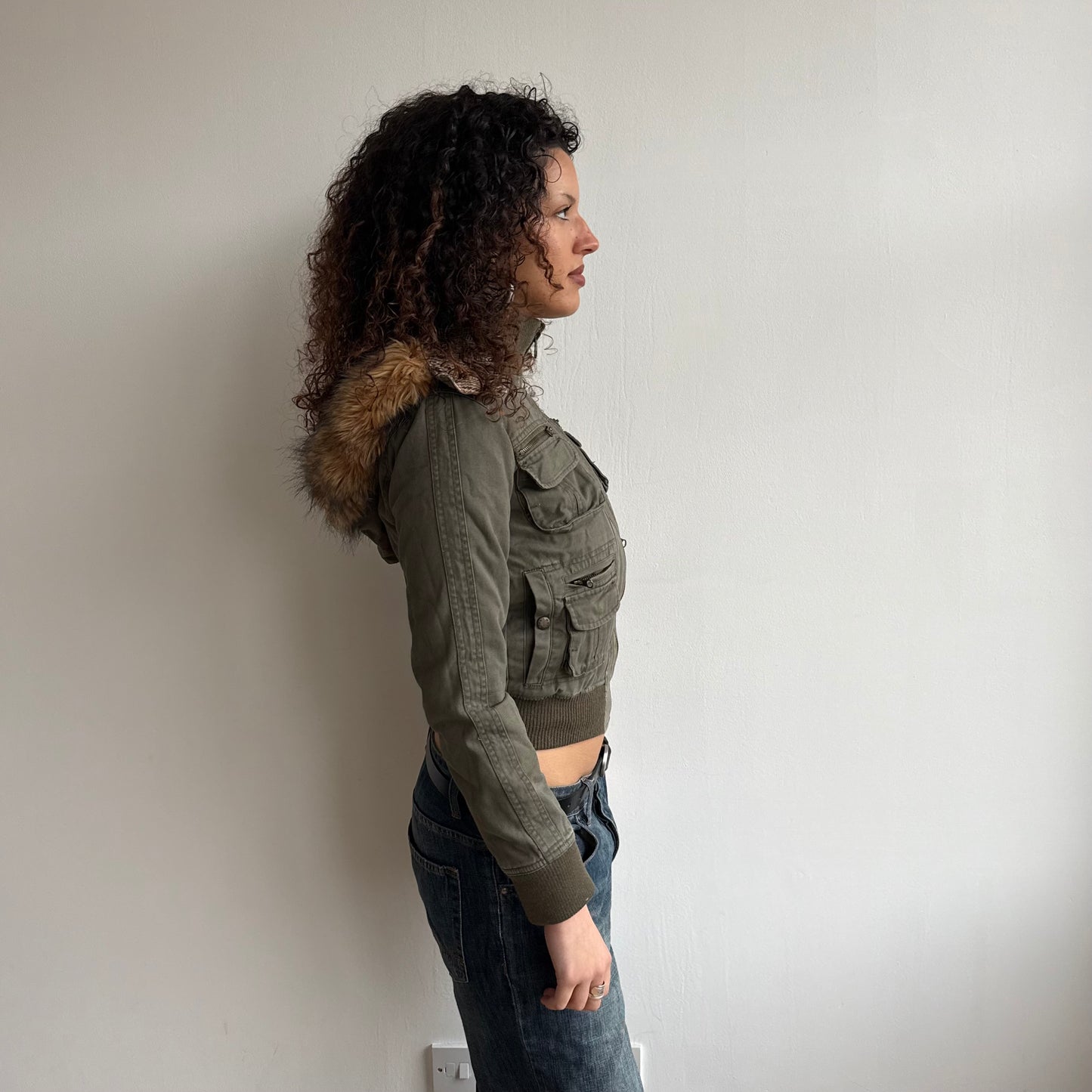 Khaki bomber with faux fur hood - Size S/M