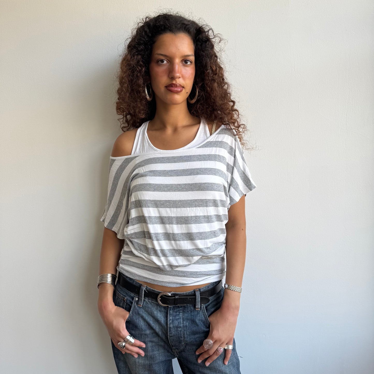 Grey + white striped 2in1 top - Size M