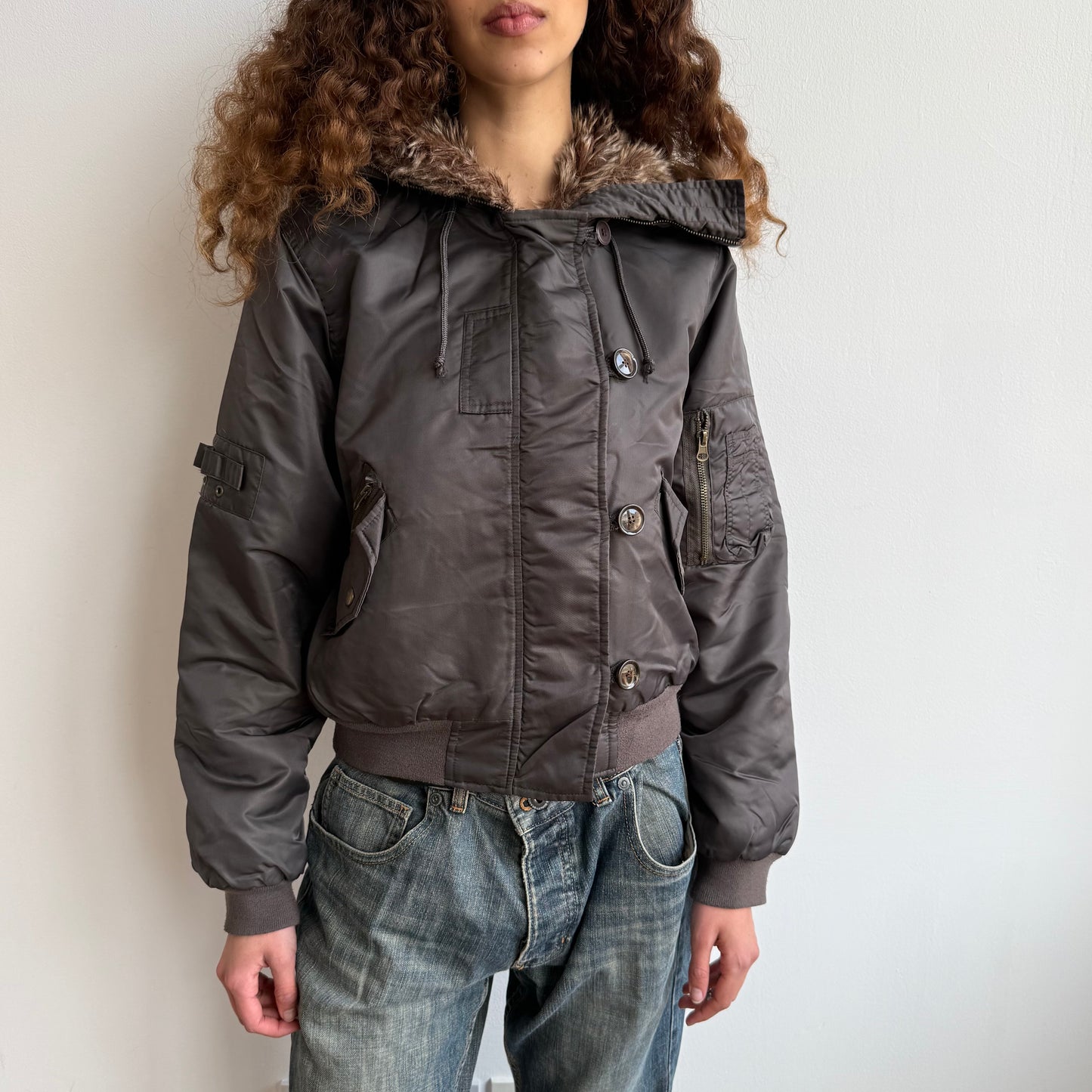 Brown faux fur hood bomber - Size M