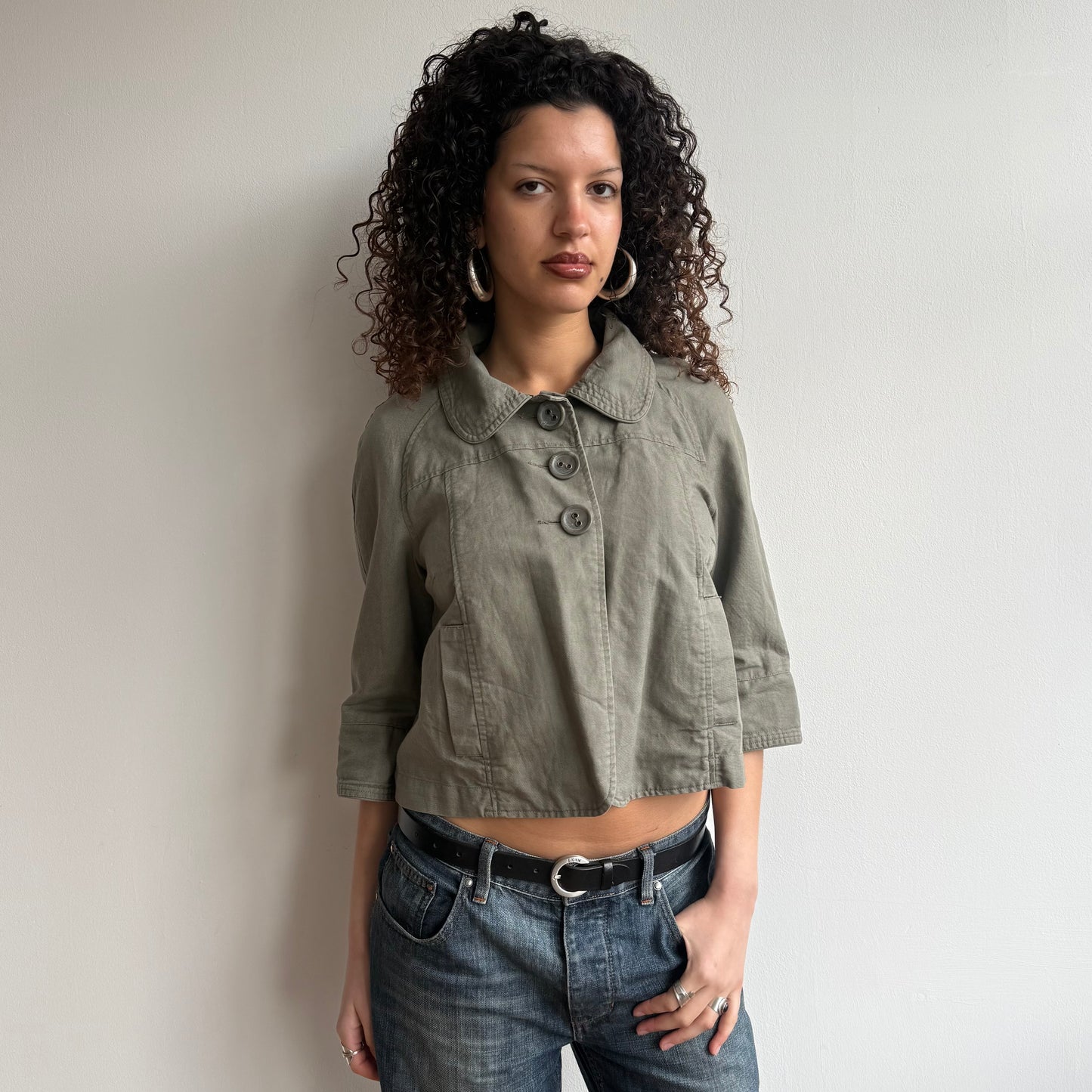Khaki linen 3/4 sleeve peacoat - Size S/M
