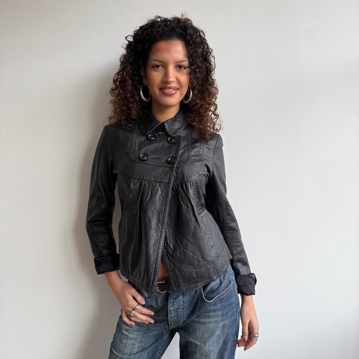 Black leather peacoat - Size M