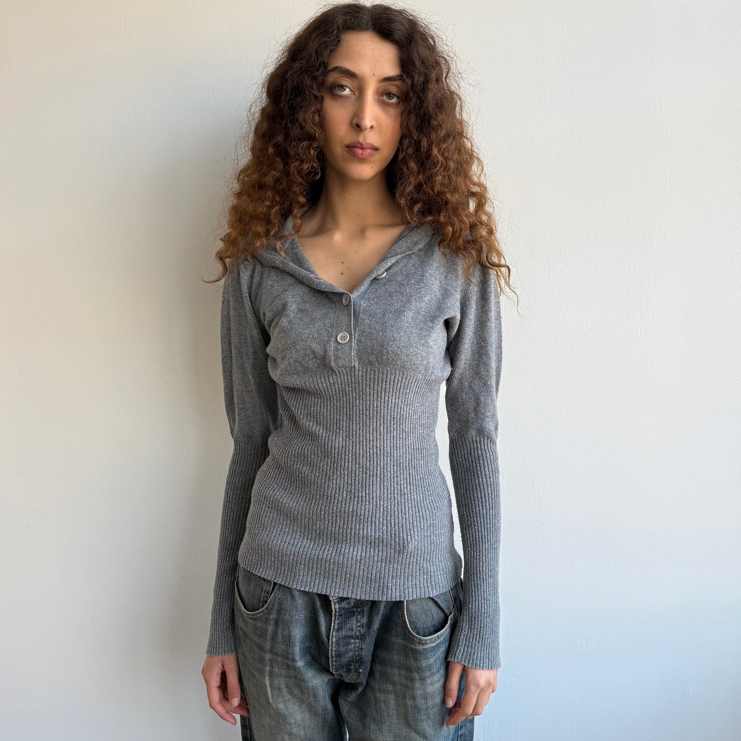 Charcoal hooded button knit - Size S