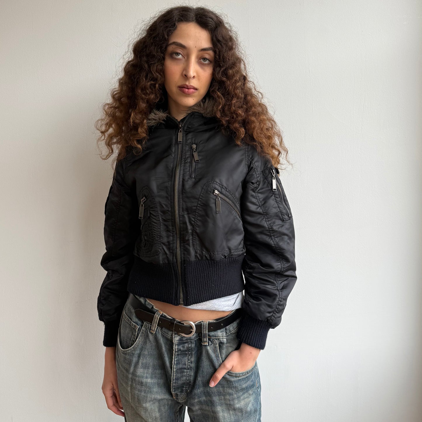 Black hooded cropped bomber - Size S