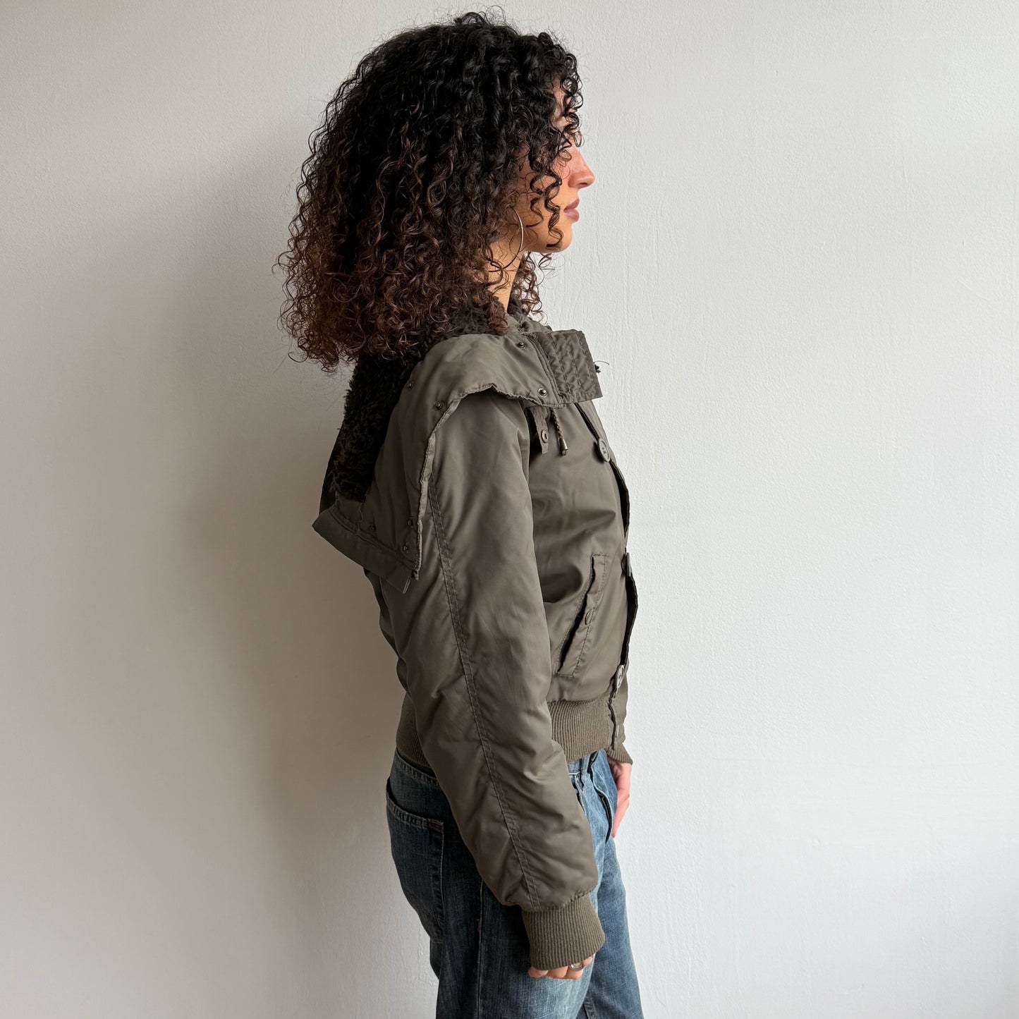 Khaki zip hood puffer bomber - Size M