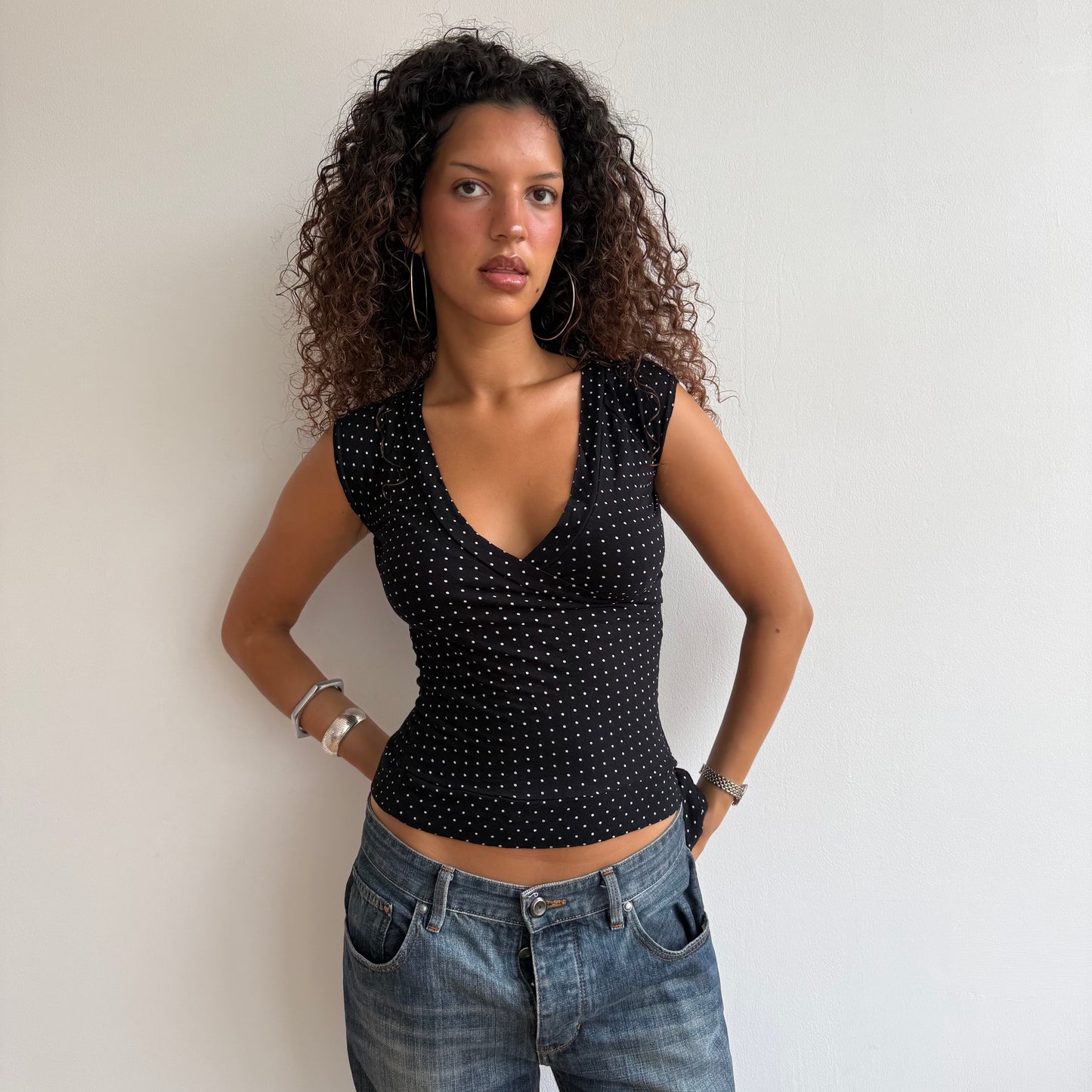 Polka dot tie side wrap top - Size S