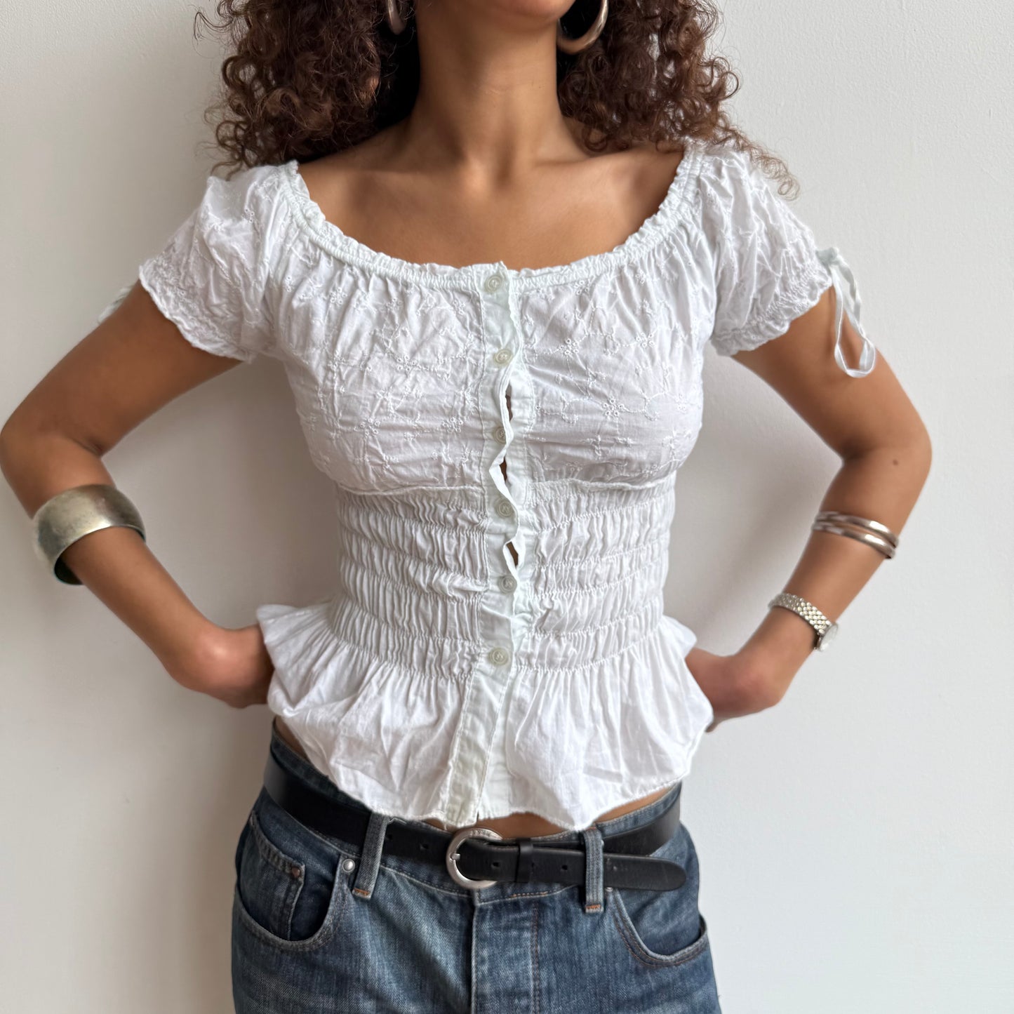 White broderie milkmaid top - Size S