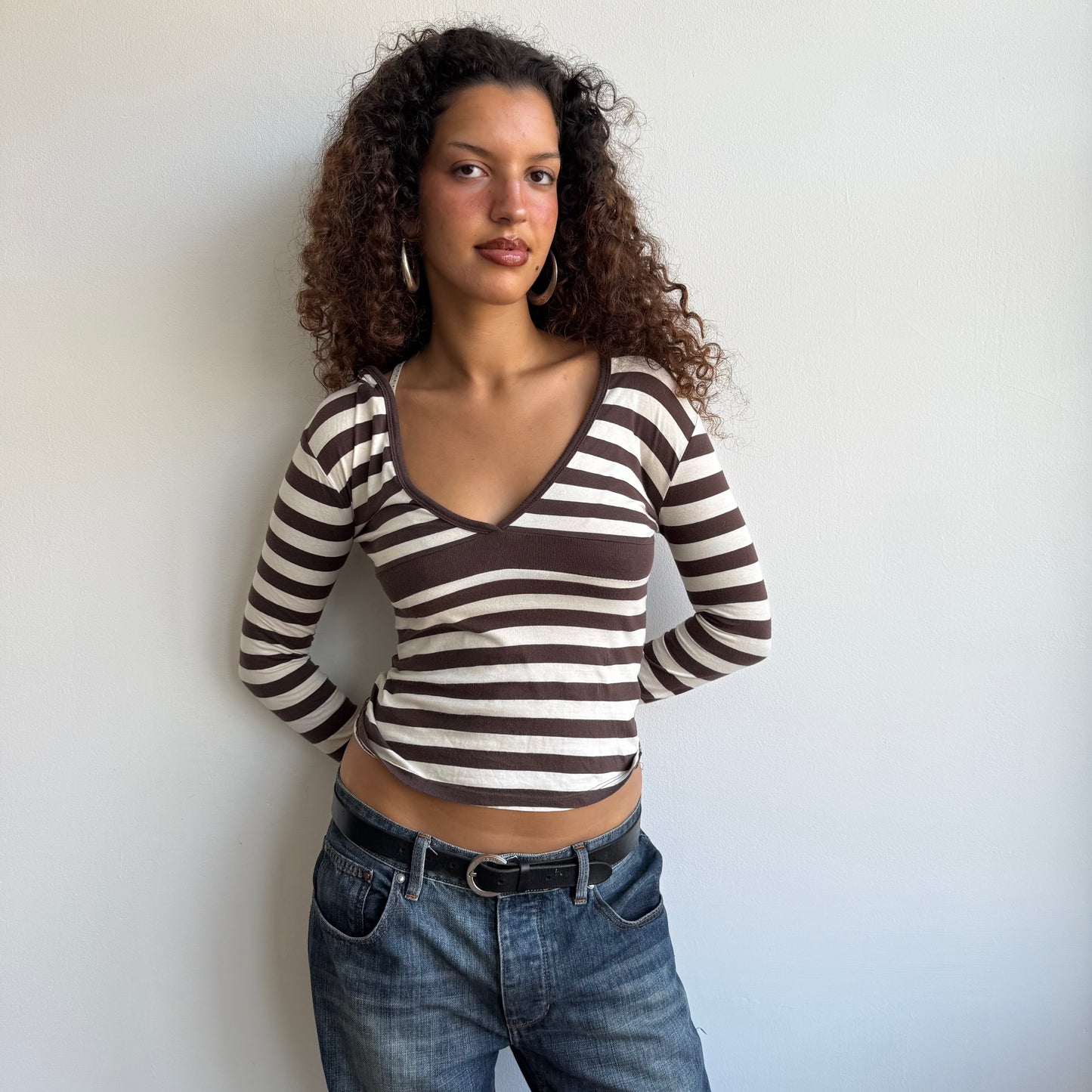 Brown + white striped hooded top - Size S