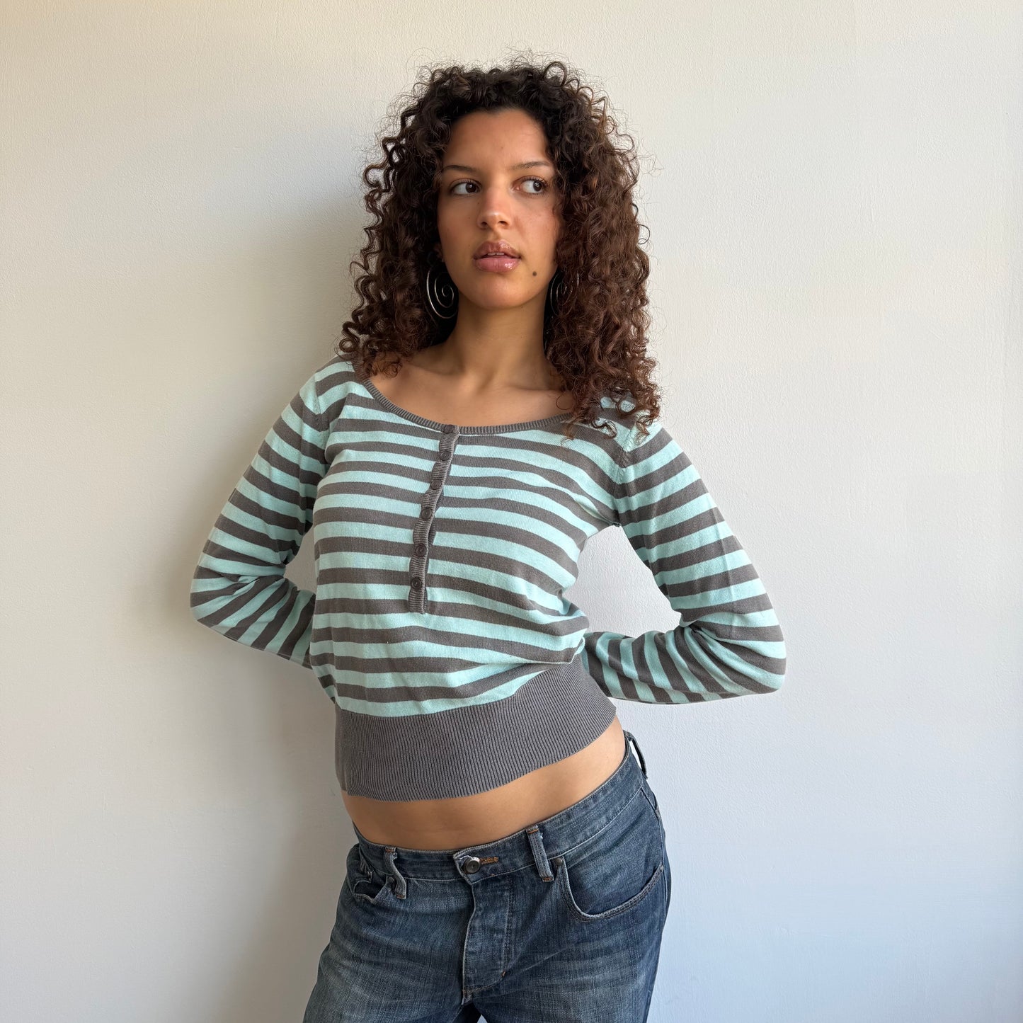 Turquoise + grey striped knit- Size S