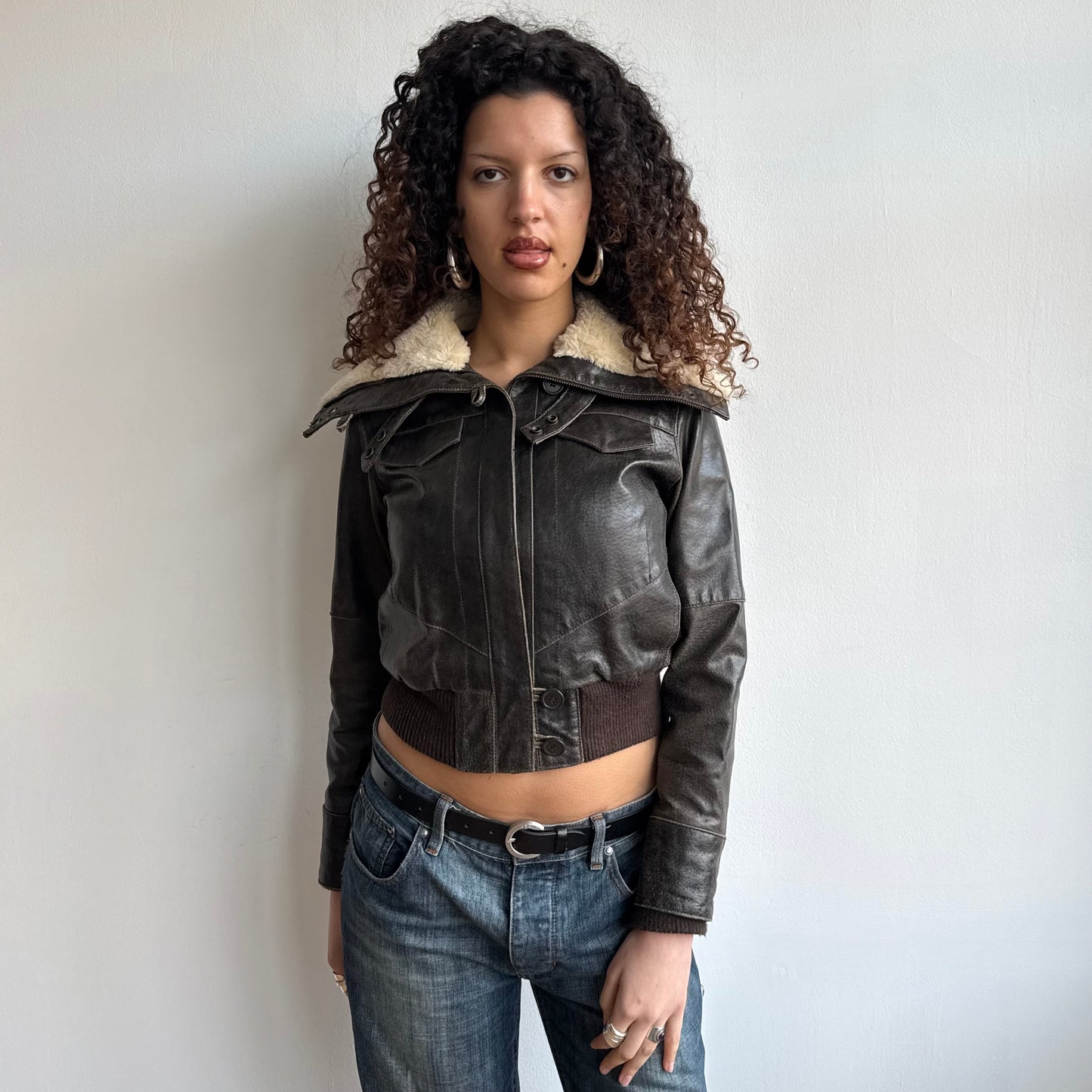 Brown leather fur collar aviator bomber - Size XS