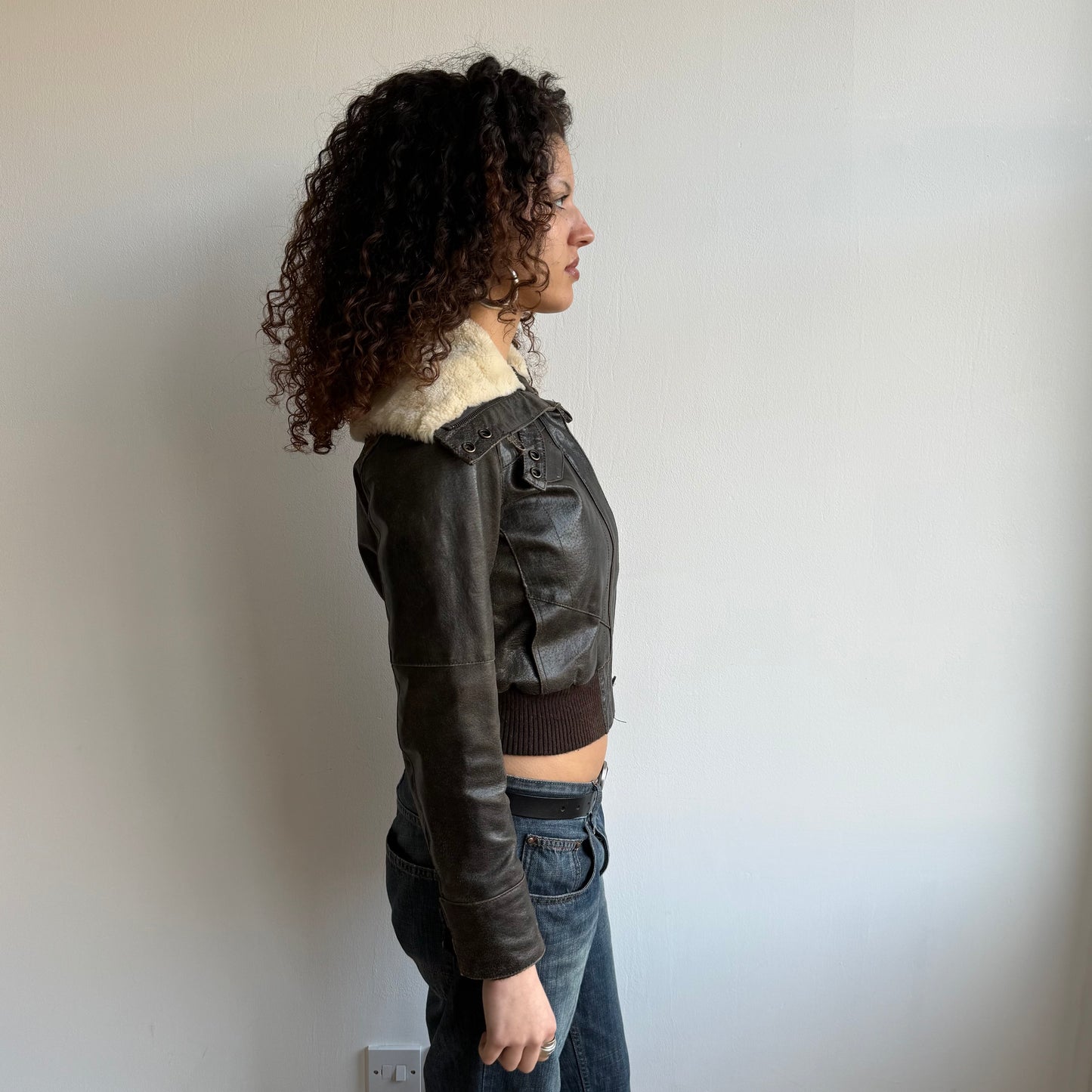 Brown leather fur collar aviator bomber - Size XS