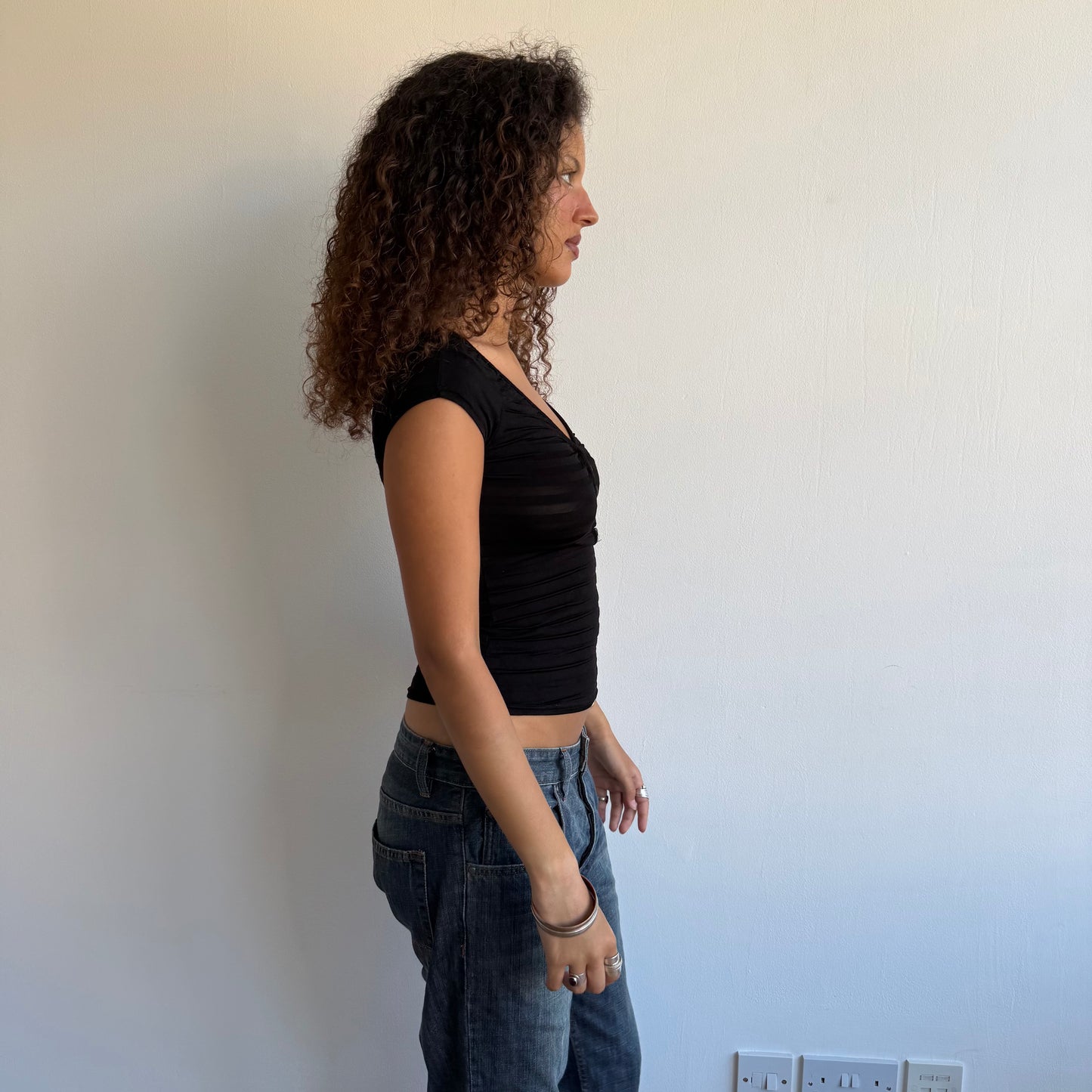 Black striped button top - Size S