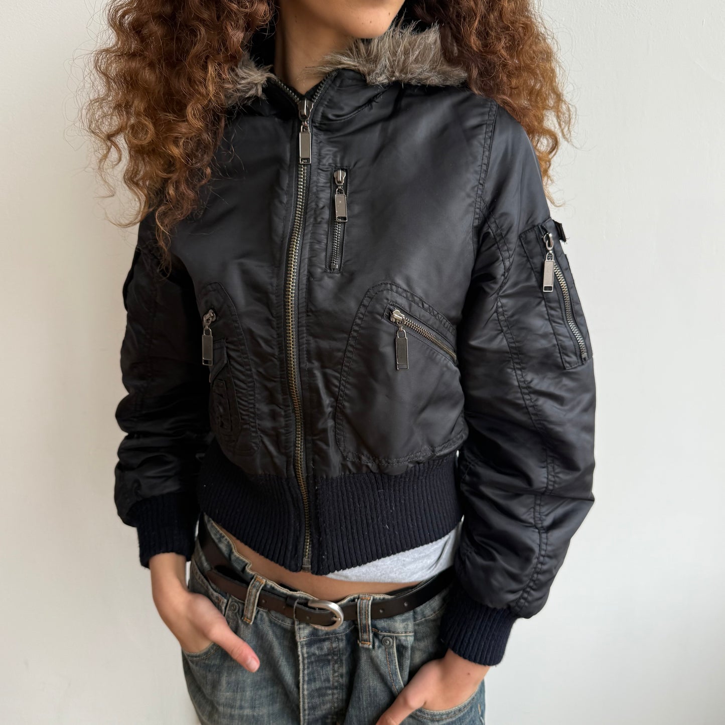 Black hooded cropped bomber - Size S
