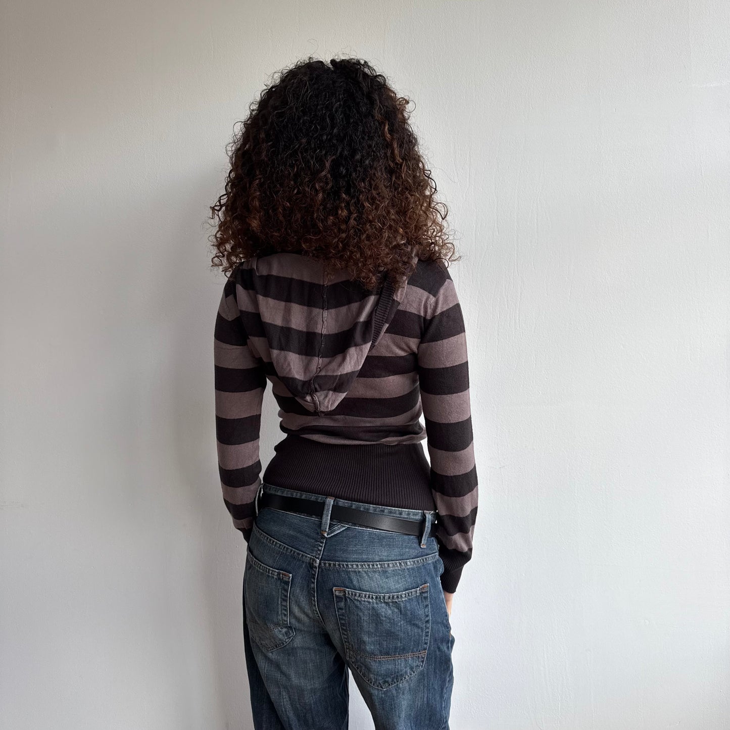 Brown striped knit hoodie - Size M-L