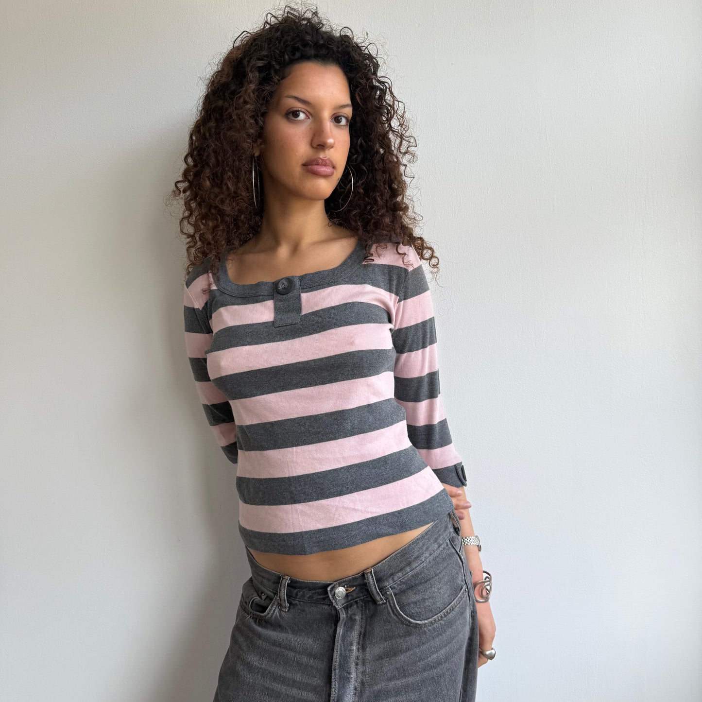 Grey + pink striped top - Size M