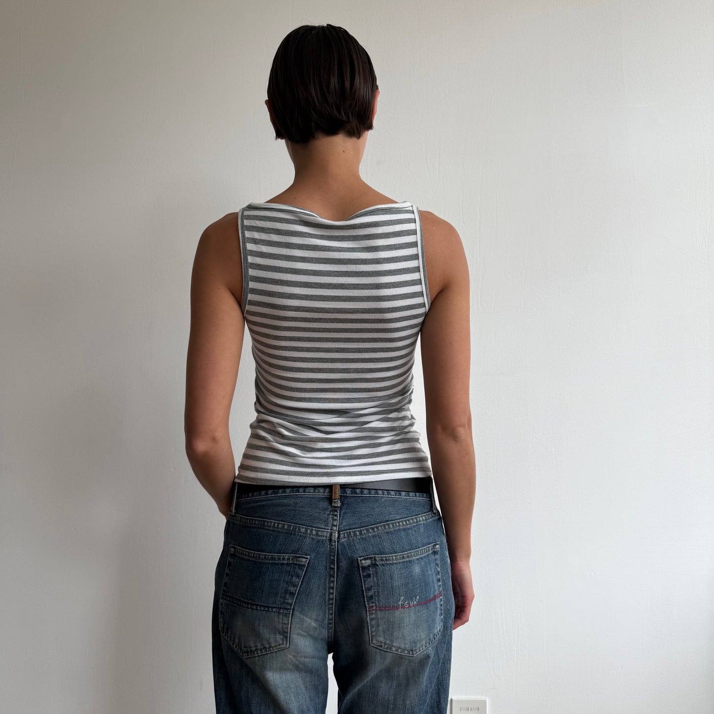 Grey + white striped top - Size S-M