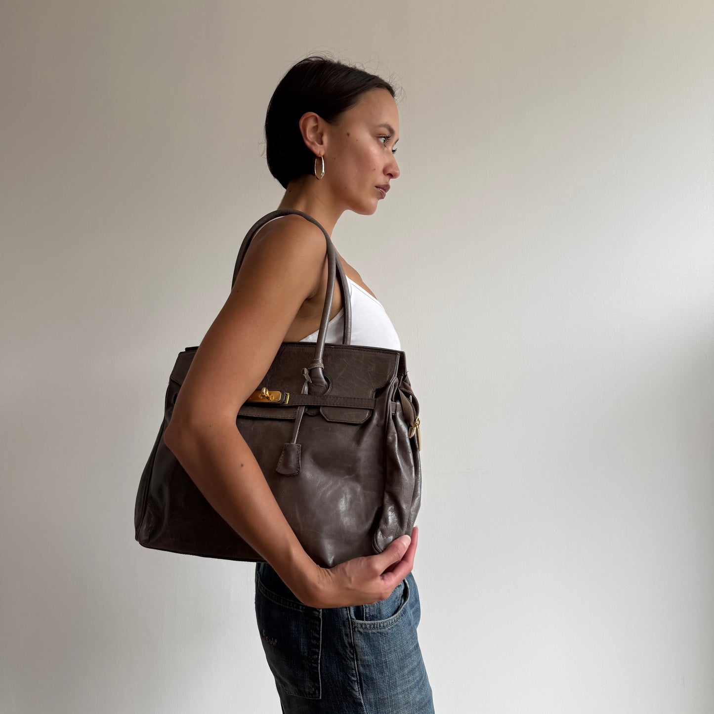 Taupe leather ‘firkin’ bag - One Size
