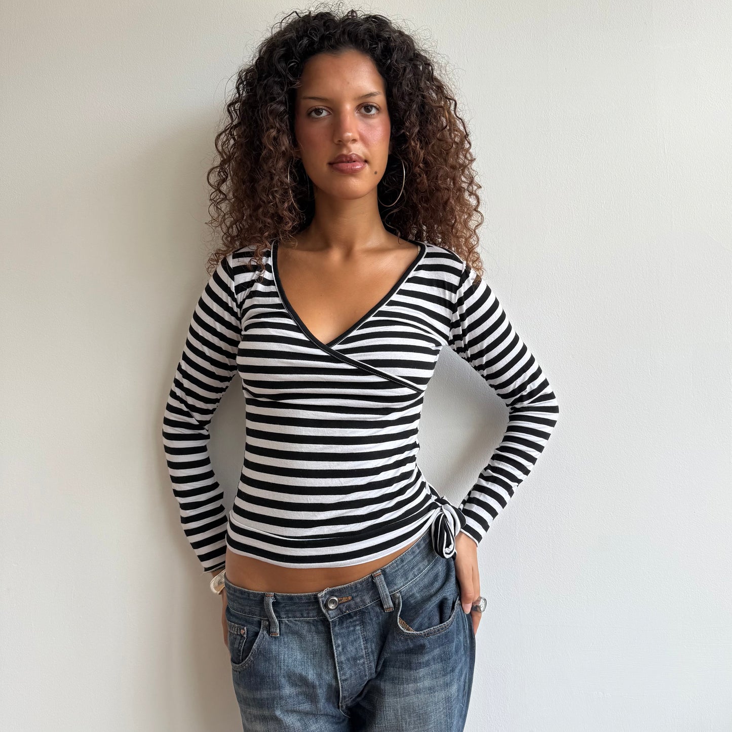 Black striped long sleeve wrap top - Size M