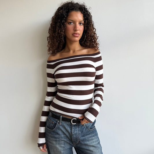 Brown and white striped Bardot knit - Size S