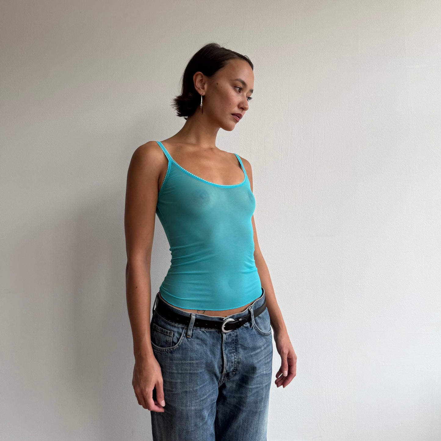 Turquoise sheer lace trim cami - Size S