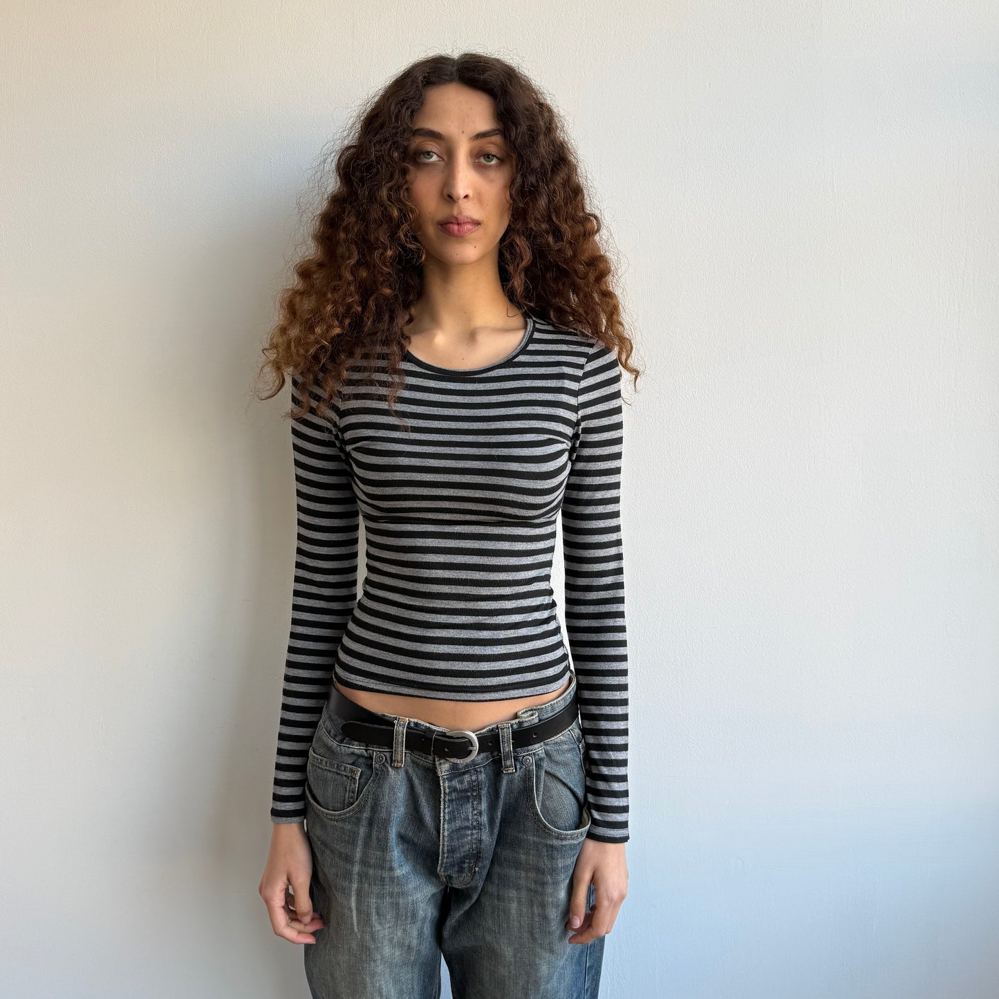Black + grey striped long sleeve top - Size XS
