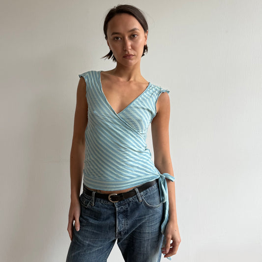 Teal striped ballet wrap top - Size M