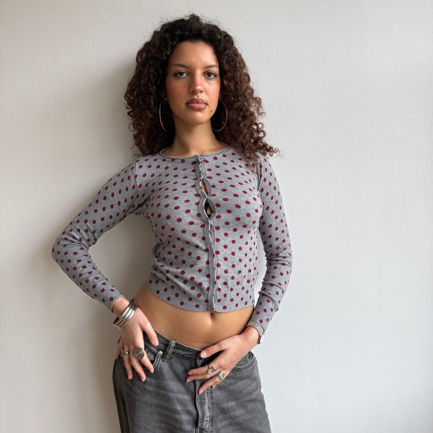 Burgundy polka dot cardi - Size S