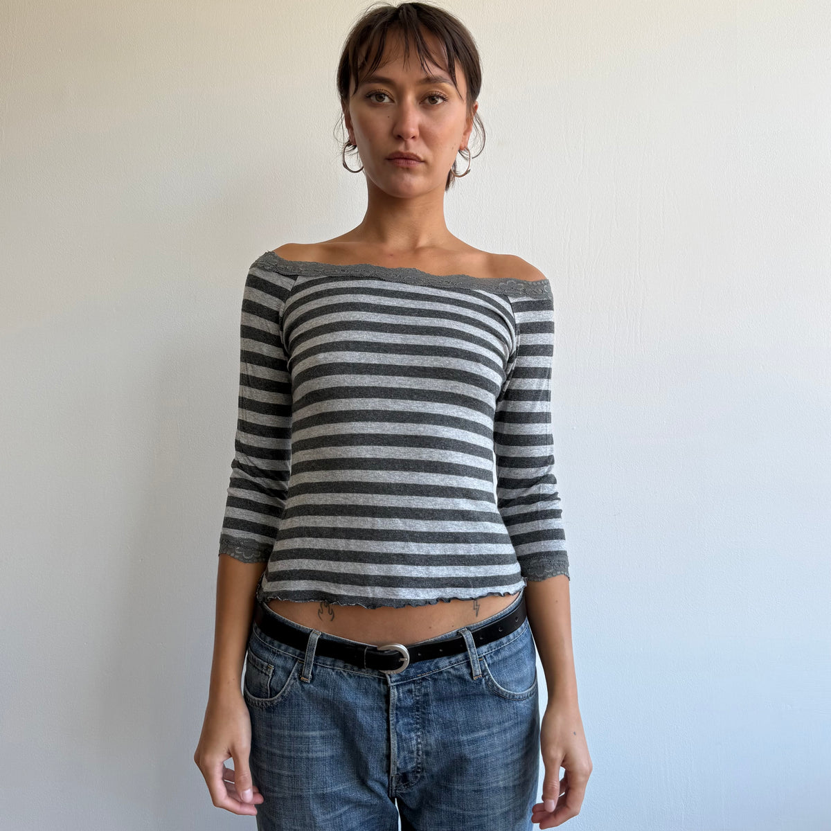 Grey striped lace 3/4 sleeve top - Size S