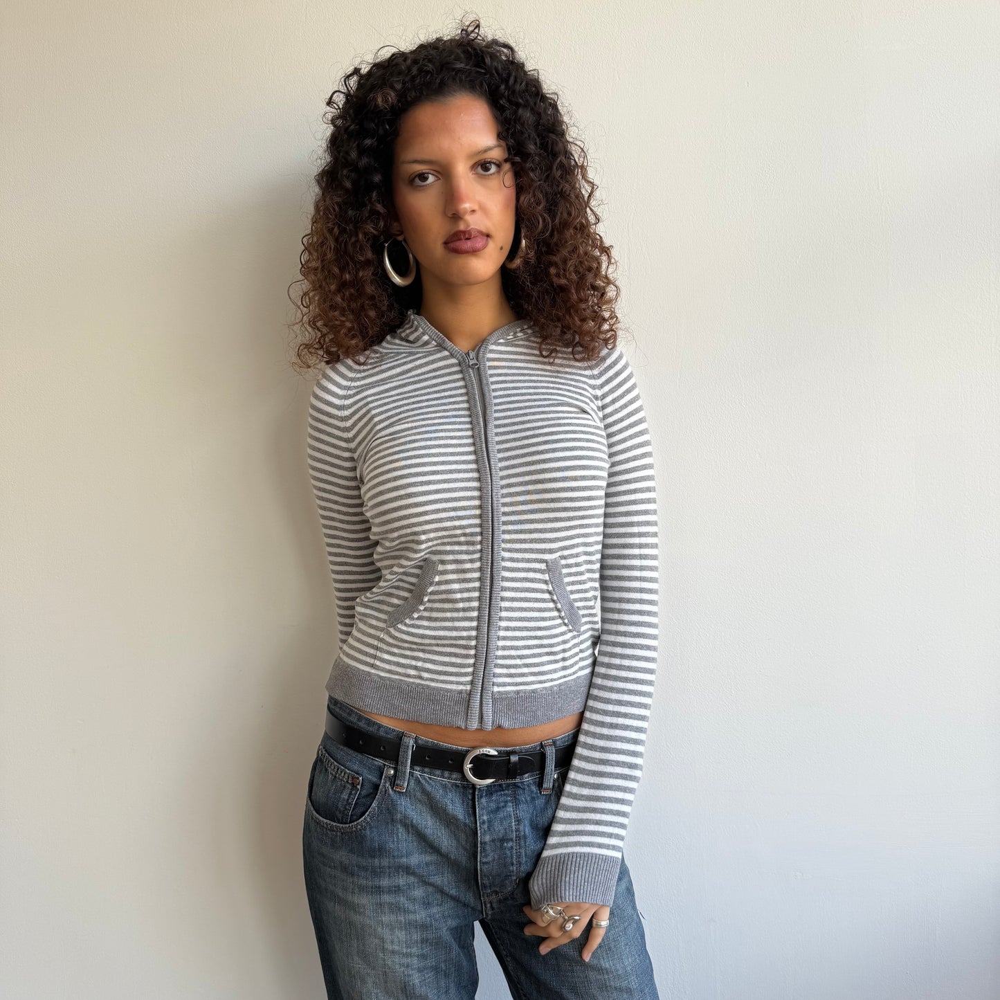 Grey + white striped knit hoodie - Size XS, S + M