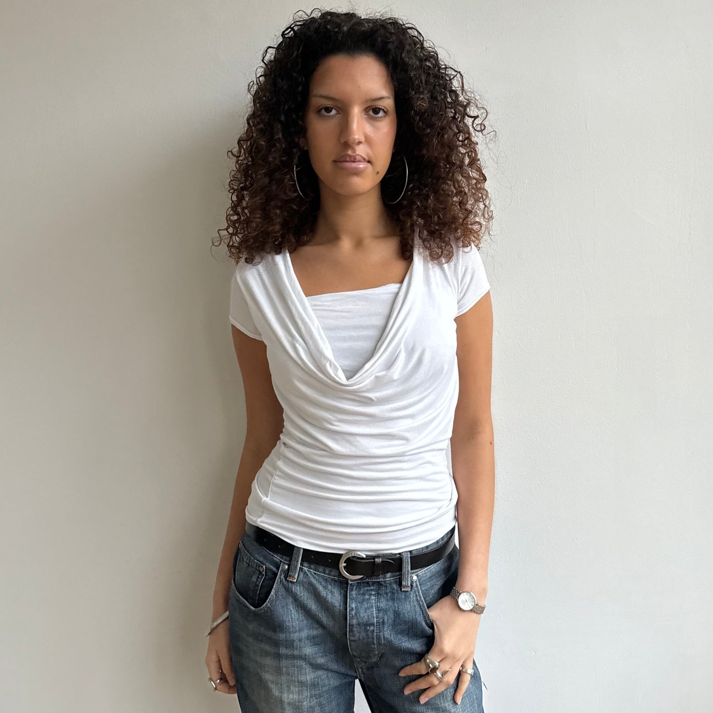 White short sleeve slouchy cowl top - Size M