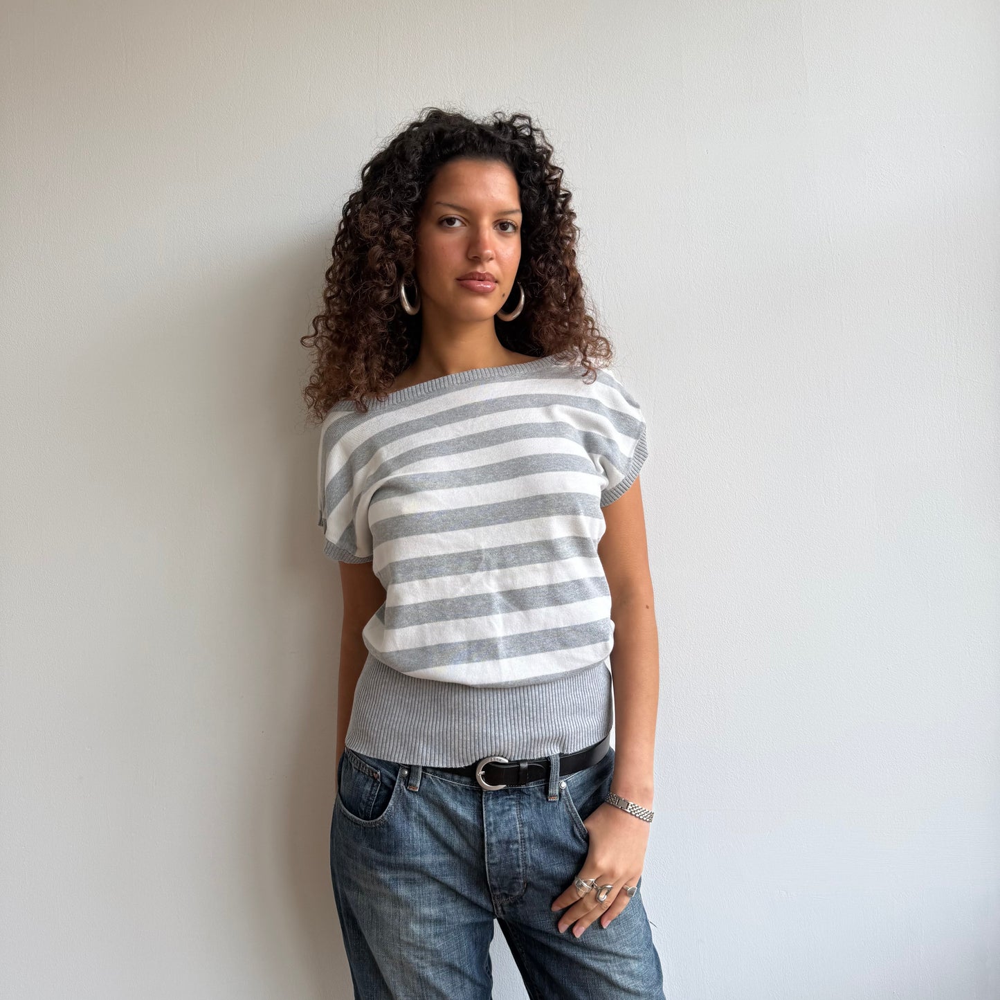 Grey + white stripe slouchy knit - Size M
