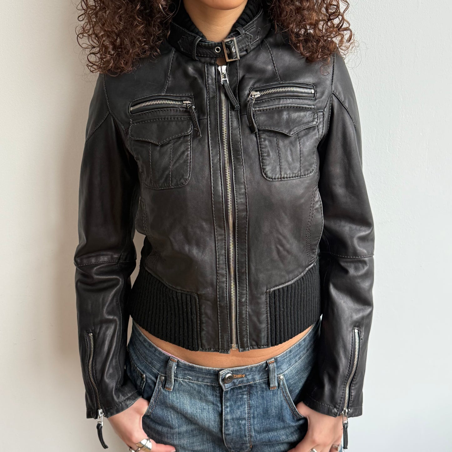 Black buckle neck leather jacket - Size S + S/M
