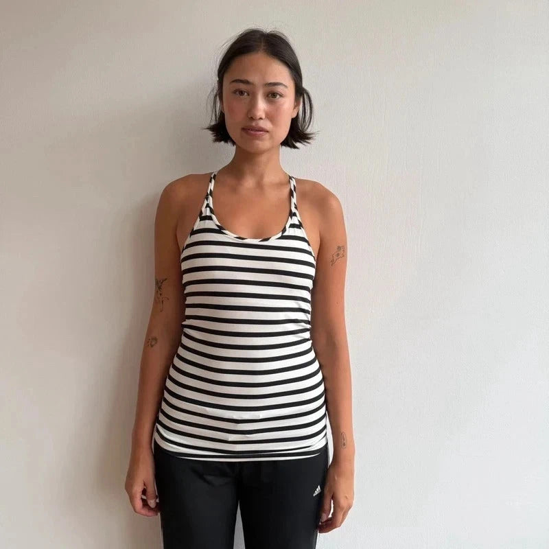 Reebok black + white striped gym top - Size S