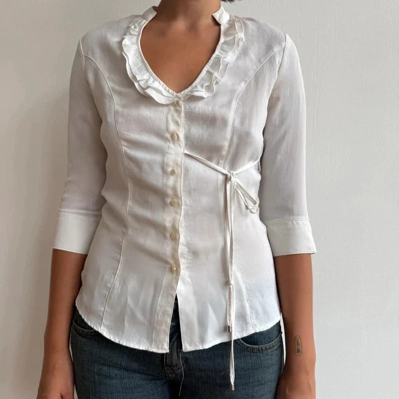 White 3/4 sleeve tie side ruffle blouse - Size S