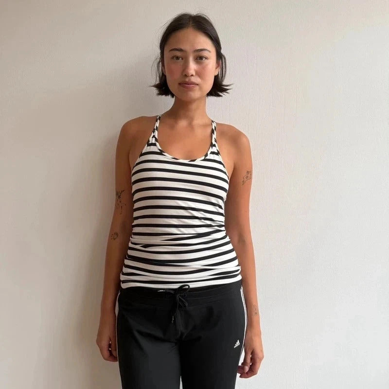 Reebok black + white striped gym top - Size S