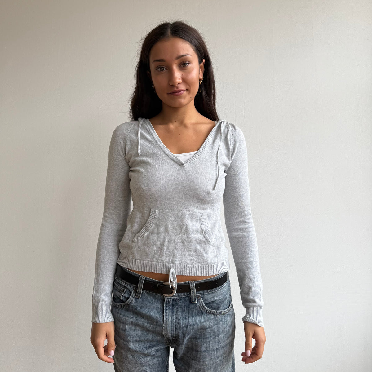 Grey v-neck tie waist hoodie - Size S