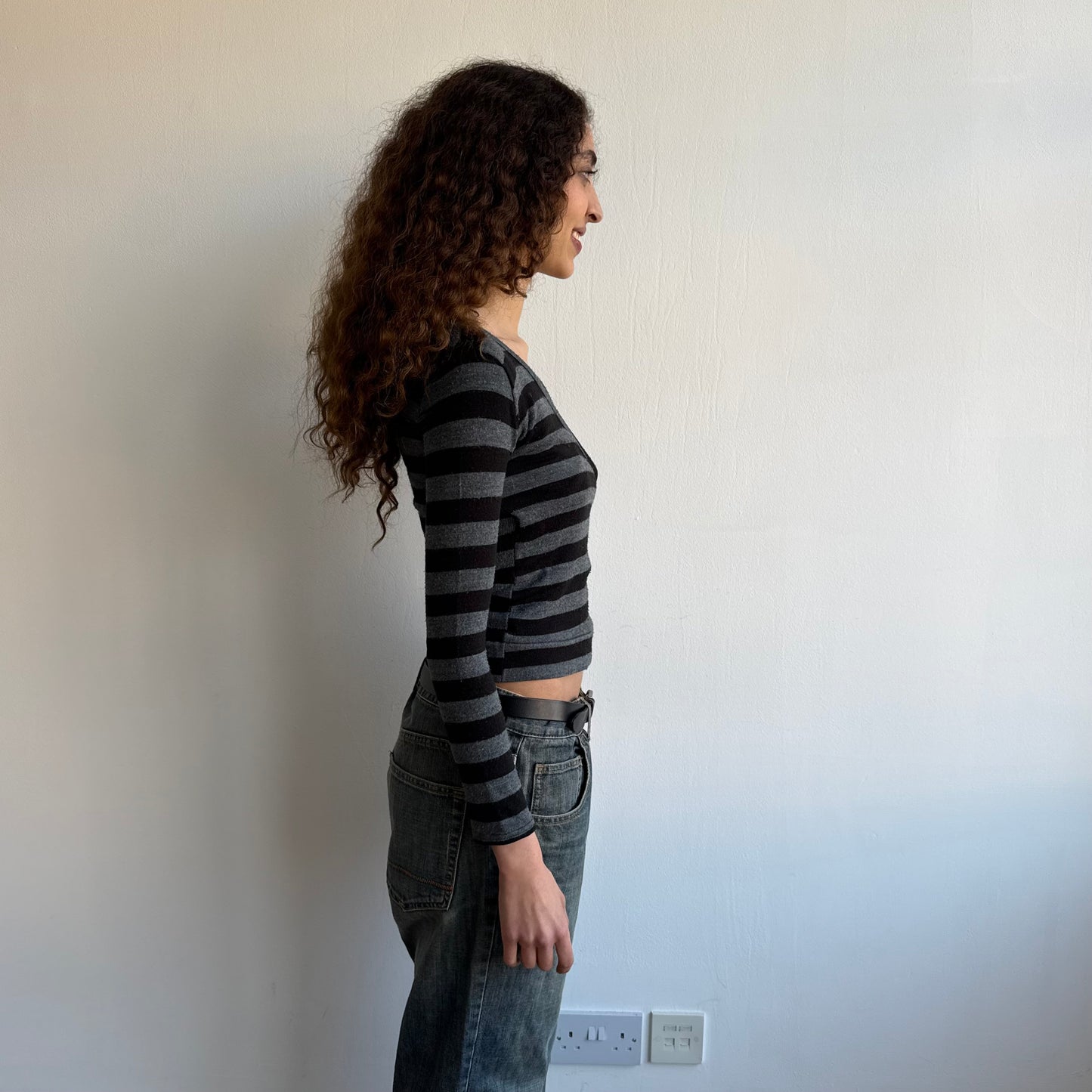 Black and grey striped wrap knit - Size S