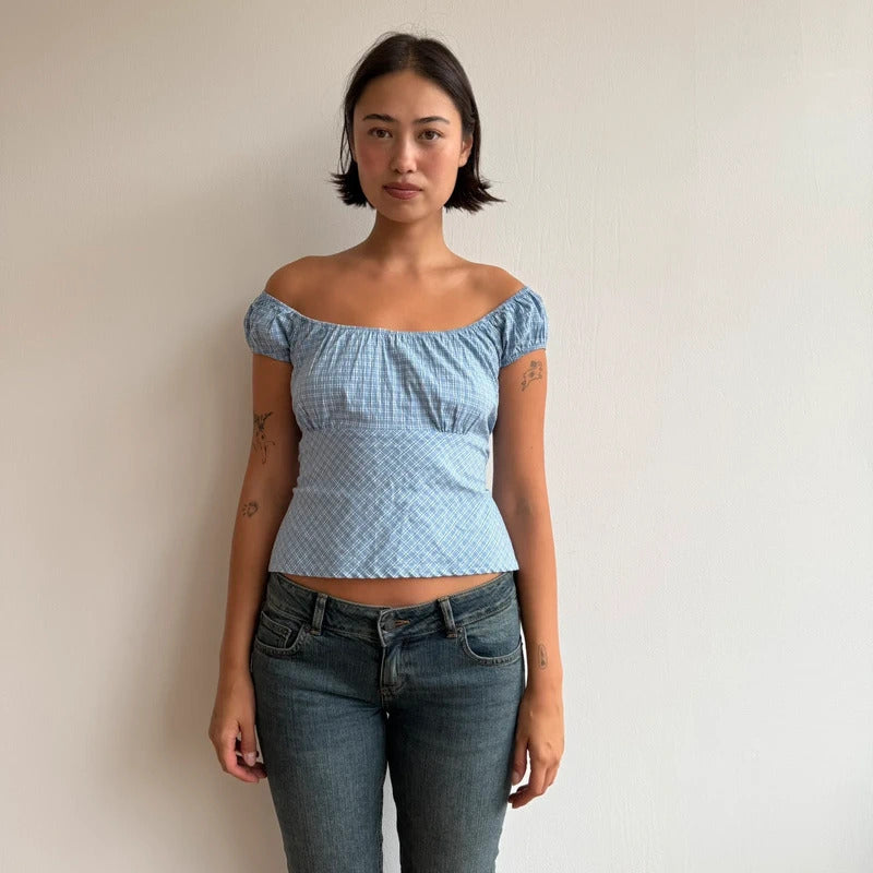 Blue check backless milkmaid top - Size S-M