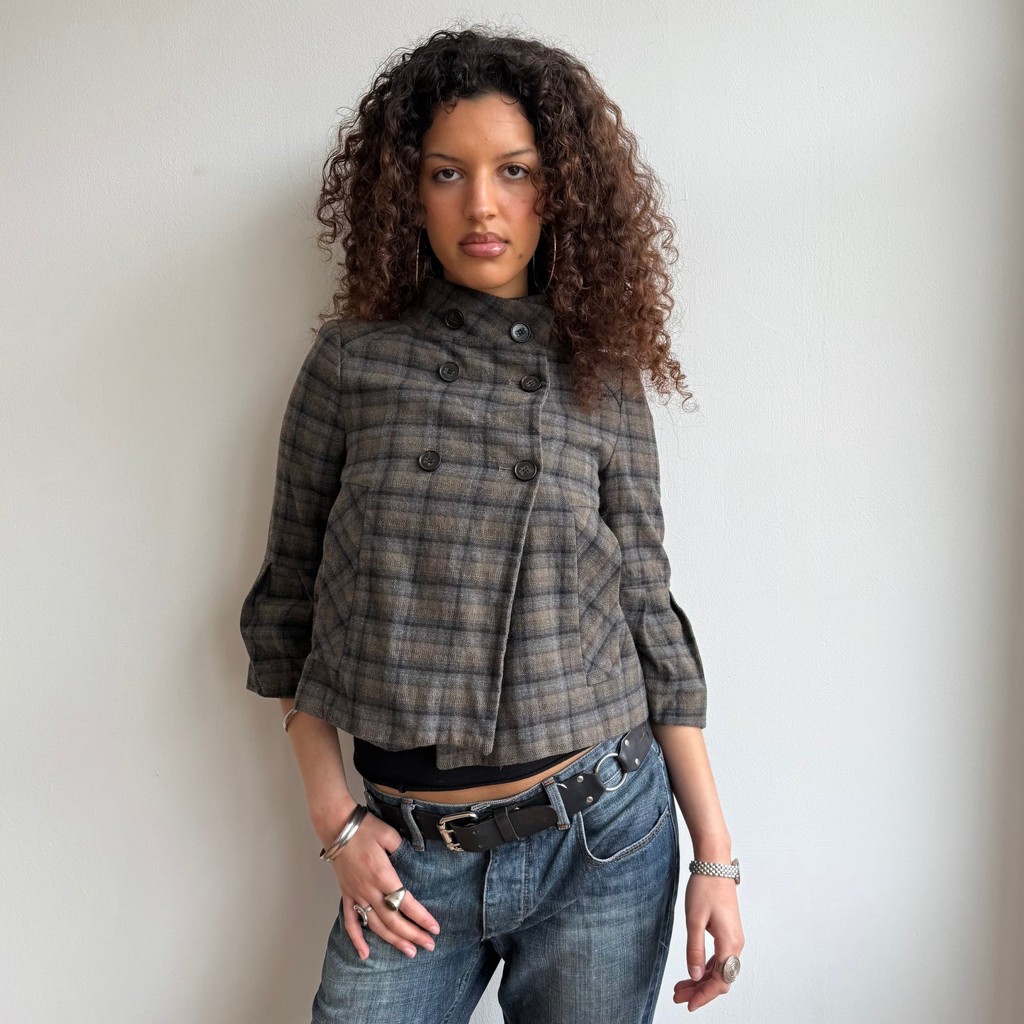 Khaki plaid peacoat - Size S
