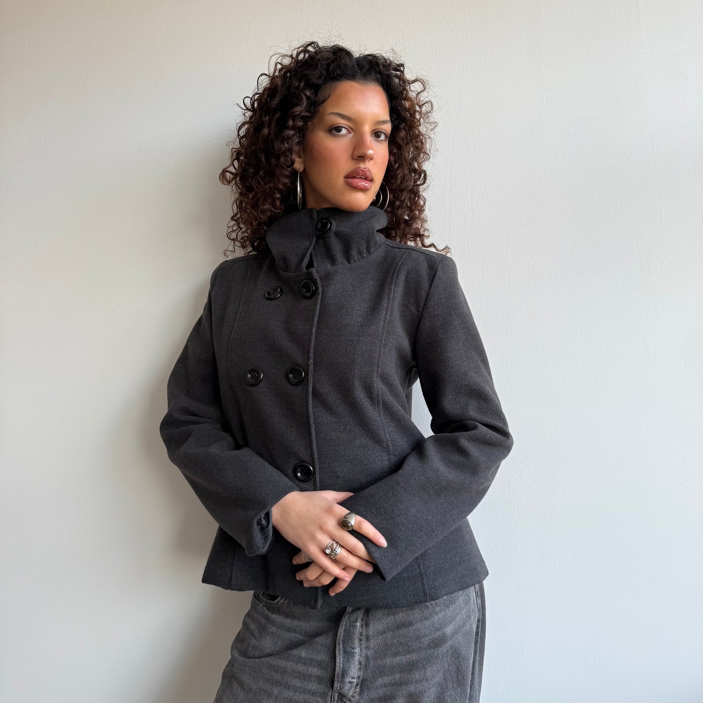 Grey button neck peacoat - Size L