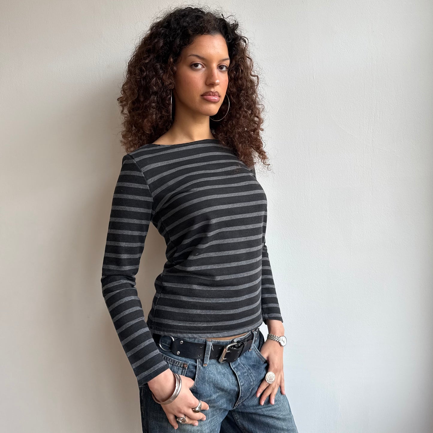 Black + grey striped long sleeve - Size S