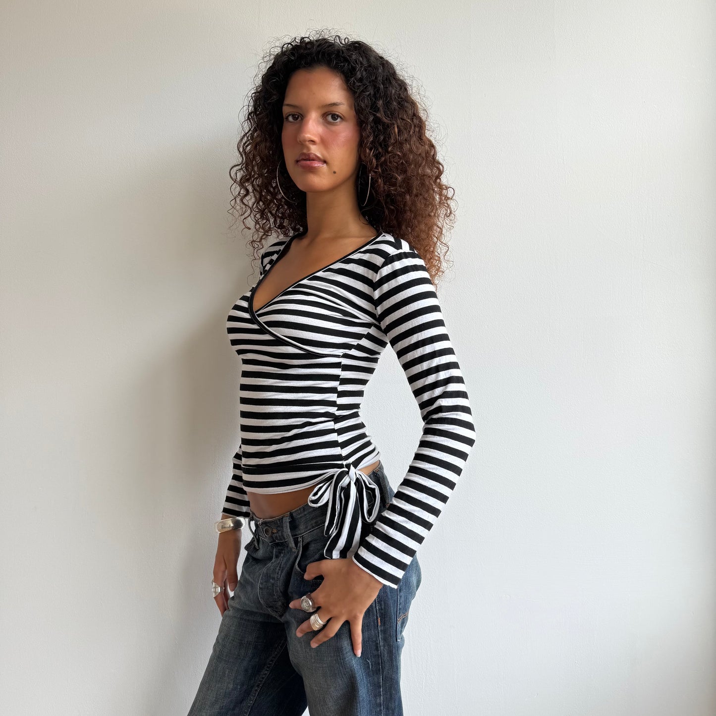 Black striped long sleeve wrap top - Size M