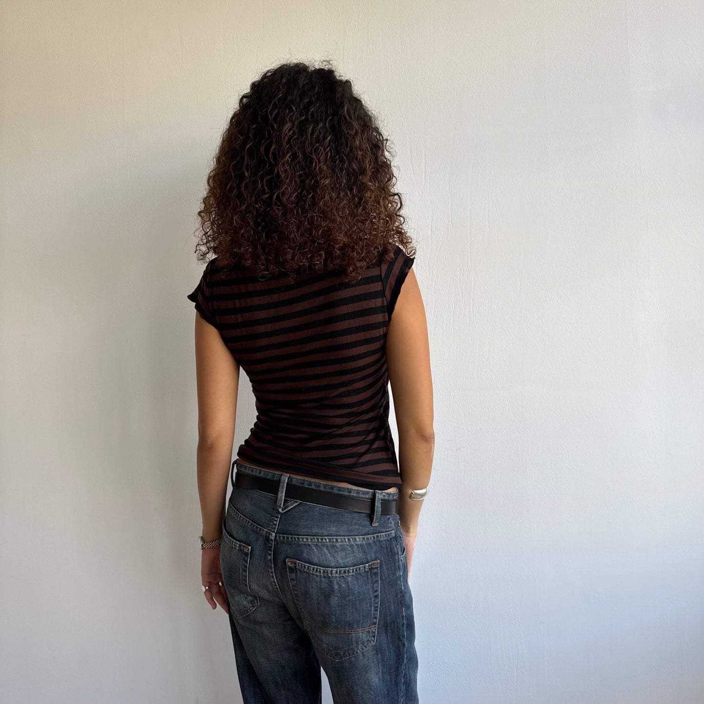 Brown + black stripe wrap top - Size M