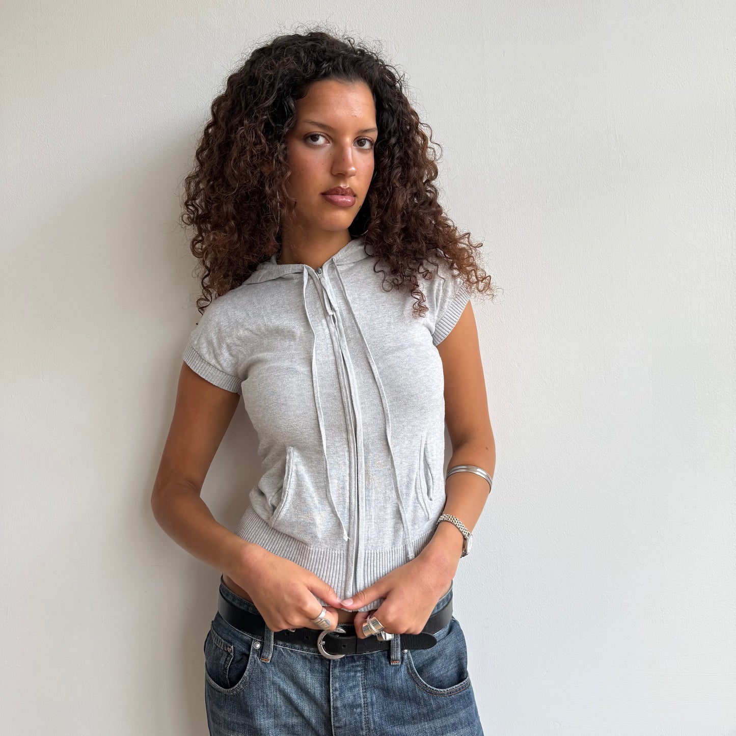 Grey short sleeve knit hoodie - Size S